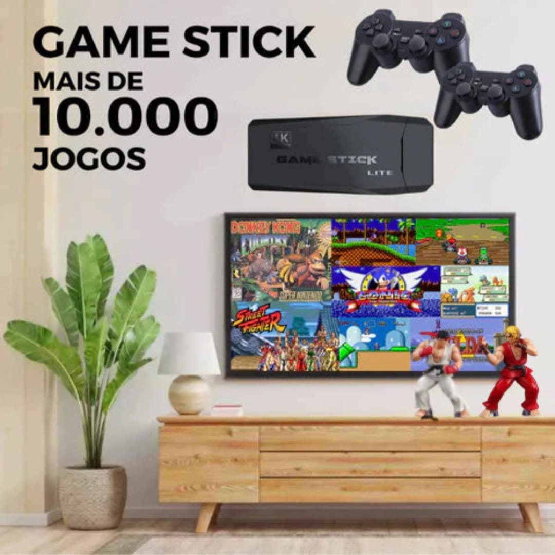 Video game stick 4k 64gb game retro 2 controles sem fio 10 mil jogos  antigos clássicos/Mario World/Sonic e muito mais